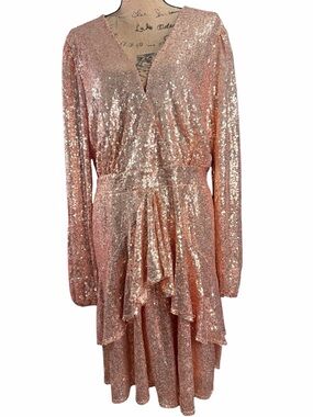 Boohoo Rose Gold Sequin Faux Wrap-Front Long-Sleeve Dress. Size 18